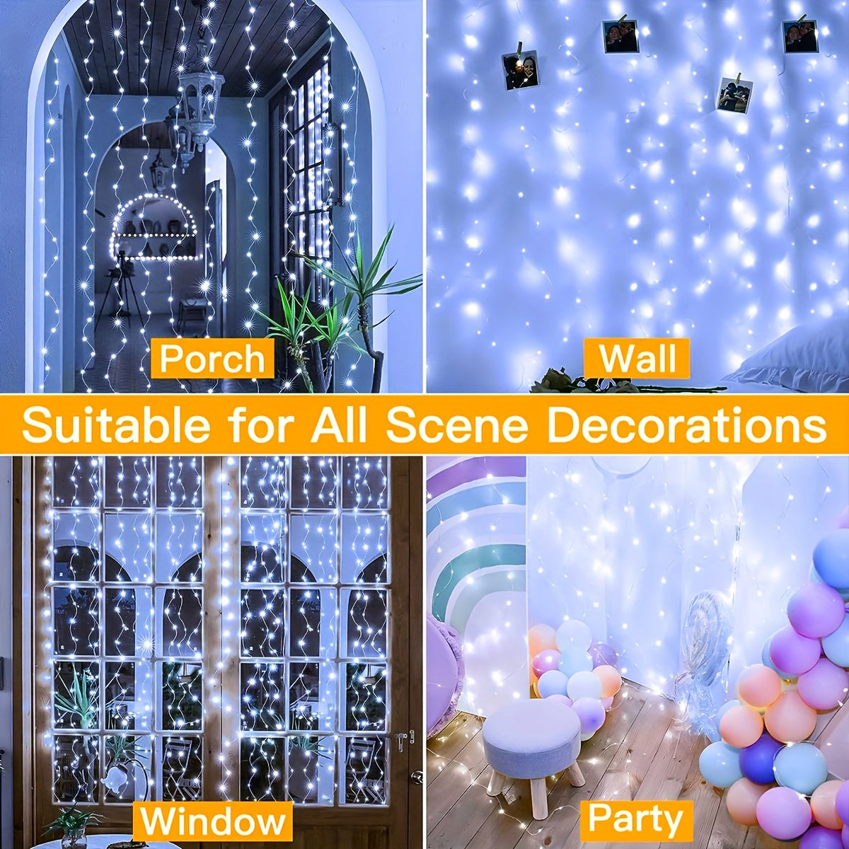 300/200/100 LED Curtain String Lights, 8 Modes, USB Plug In, Copper Wire Lights for Bedroom Window, Halloween, Christmas, Wedding Party.