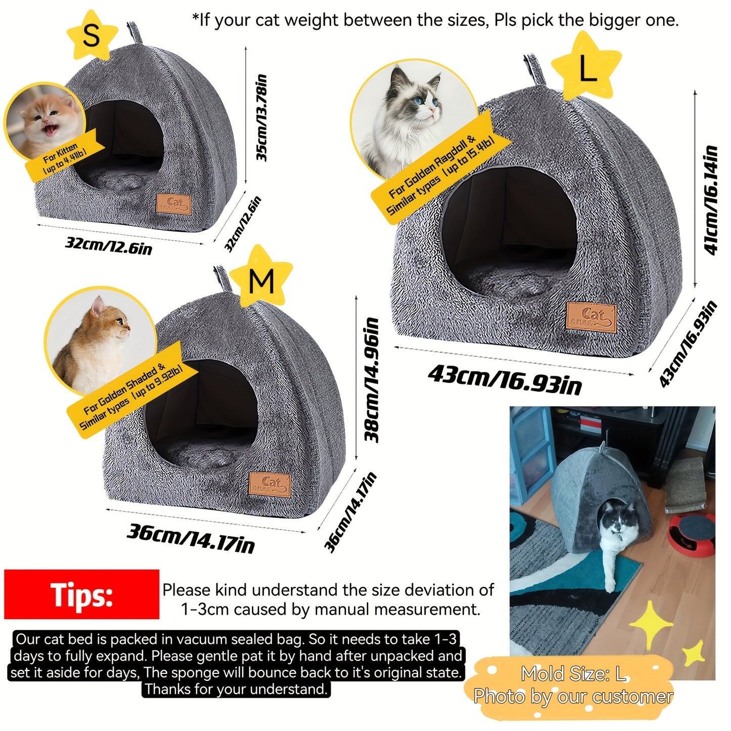 Foldable cozy cat cave bed with plush cushion pad.