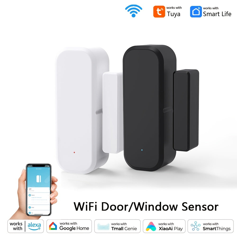 WiFi-enabled home security system with magnetic sensors for doors/windows, voice control, app remote access, customizable modes, and compatibility with Alexa and Google Assistant.