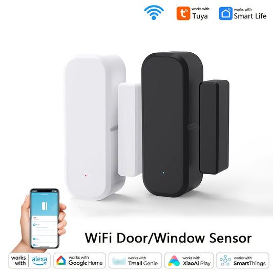 WiFi-enabled home security system with magnetic sensors for doors/windows, voice control, app remote access, customizable modes, and compatibility with Alexa and Google Assistant.