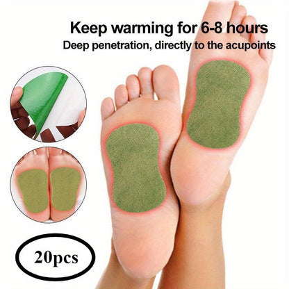 20 Herbal Patches containing Wormwood and Ginger Extracts for Foot Care, designed for deep acupoint penetration, made from breathable non-woven material, and providing refreshing