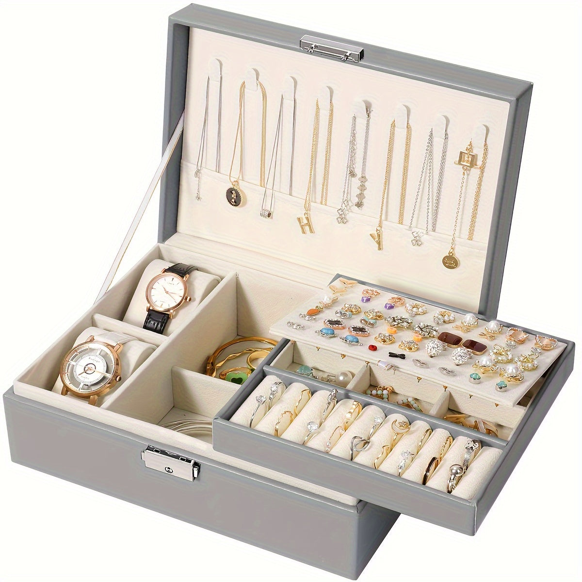 Spacious double-layer jewelry organizer box for women, ideal for storing various accessories. Great Valentine's Day gift idea.