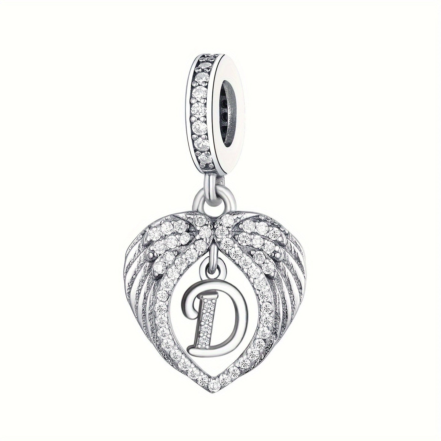 925 Sterling Silver Heart-shaped Wing Pendant with Synthetic Zircon Letter Pattern for DIY Jewelry Making, Perfect Gift Idea