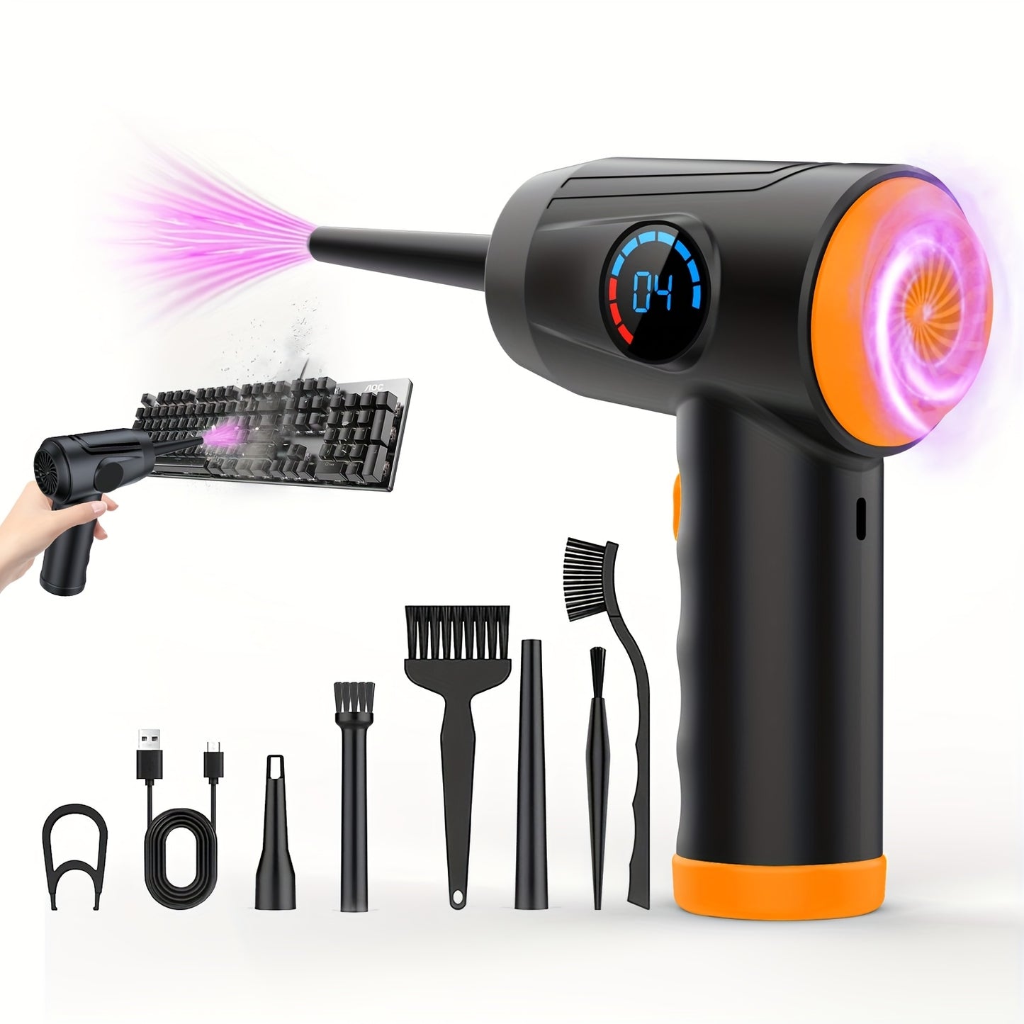 Portable Cordless Electric Air Duster with Fast Charge, LCD Display, LED Light - Ideal for Keyboards and Computers, Replaces Compressed Air Cans, 4 Speeds, 6000mAh Battery, 51000 RPM