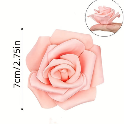 50pcs of 7cm artificial rose flower heads, perfect for DIY wedding centerpieces and home decorations, in light pink and stemless design.