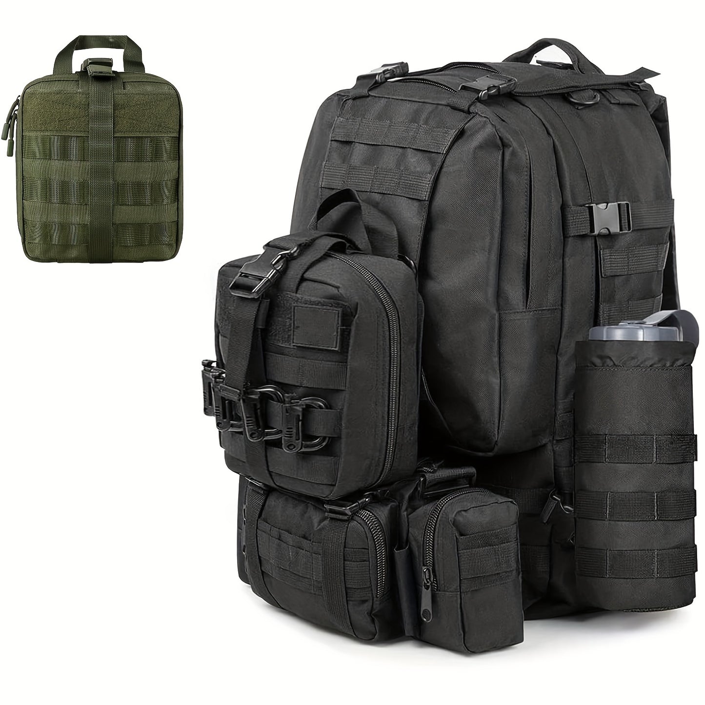 Rugged tactical first aid kit with quick release EMT pouch and MOLLE system in durable nylon bag for outdoor survival, green.