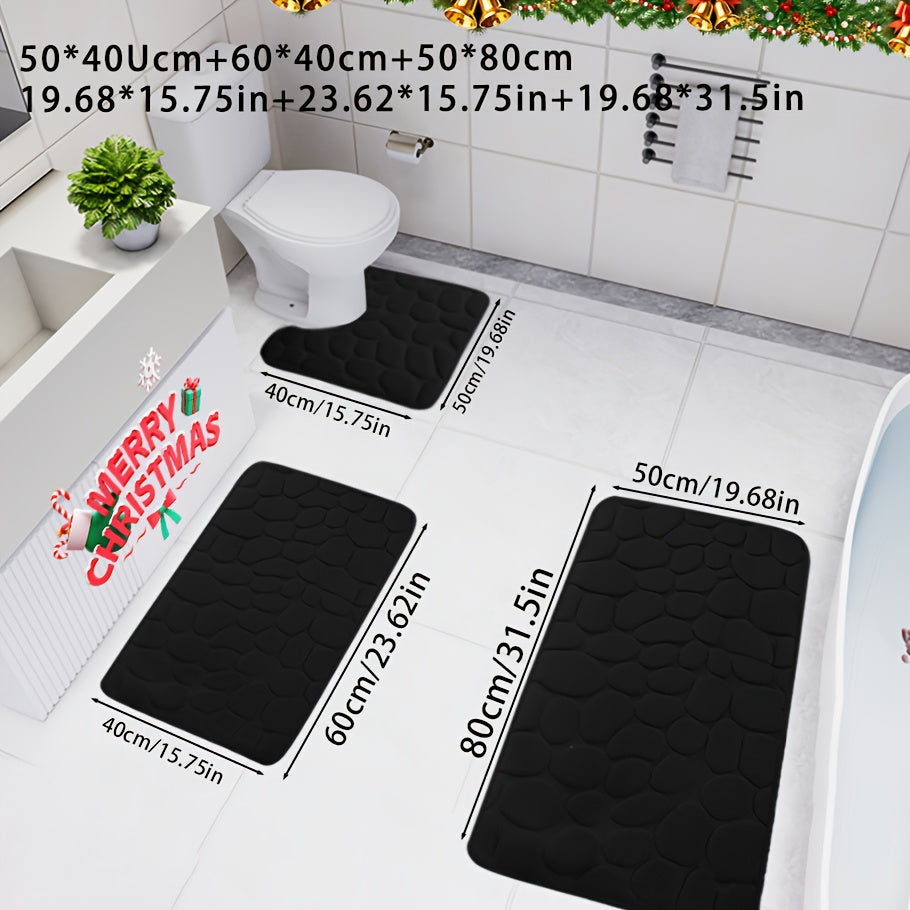 3-piece Christmas bath mat set, with ultra-absorbent, non-slip bathroom rug made of soft, comfortable, premium polyester knit weave for tub, shower, and home decor.