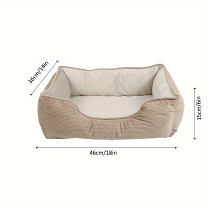 Square pet bed for medium to large dogs, cozy and warm with polyester fiber and pillow cushion, perfect for winter comfort. Beige, non-assemblable design.