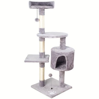 Premium wood fiber cat climbing tower for indoor cats, with scratching posts, cozy condo, and hanging toys.