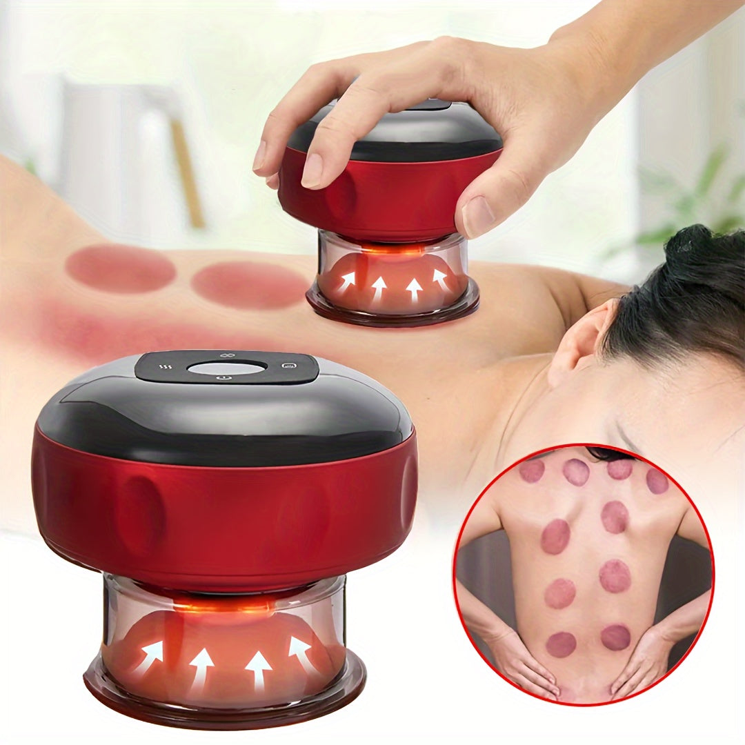 Portable electric vacuum cupping machine for home spa, rechargeable via USB with heating function for back, neck, and arm massage. Powered by 18650 battery at 36V or lower.