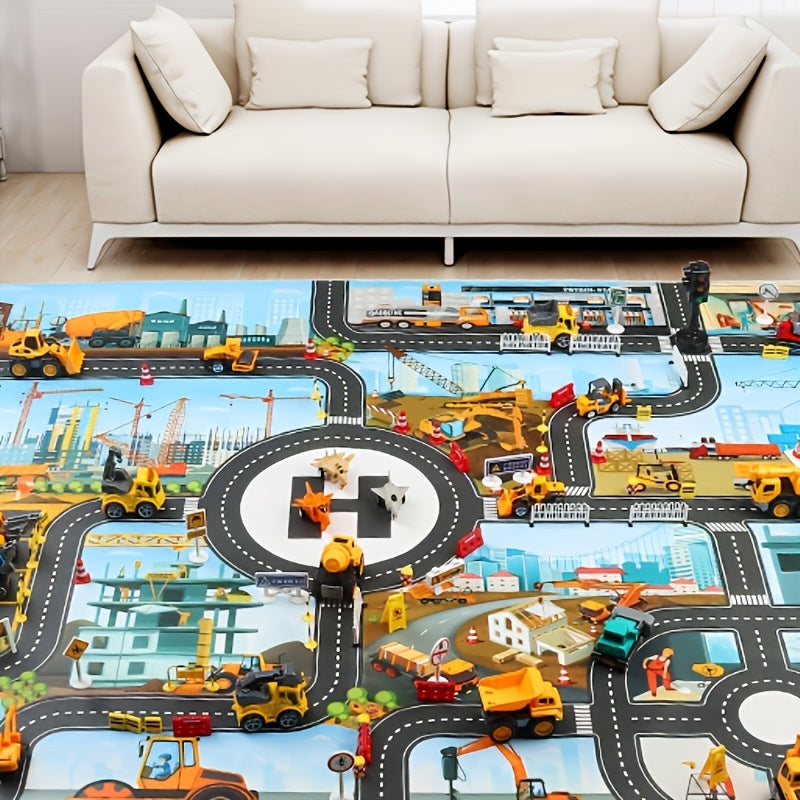 City construction and traffic play mat with mixed colors, includes toy and doll set for youngsters.