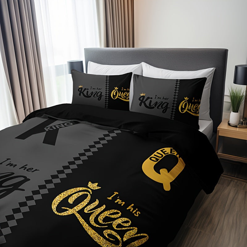 Black and grey duvet cover set featuring crown lettering design, including 1 duvet cover and 2 pillowcases. High definition printing for home and dorm decor, comforter not included.