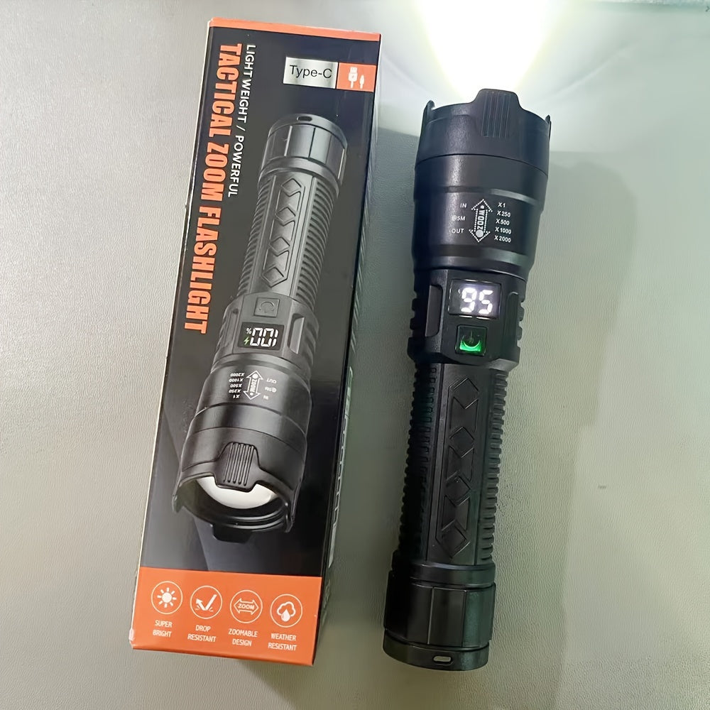 800mAh rechargeable P50 LED flashlight with zoom, USB charging, and polished metal finish - ideal for night activities like walks, fishing, and camping.