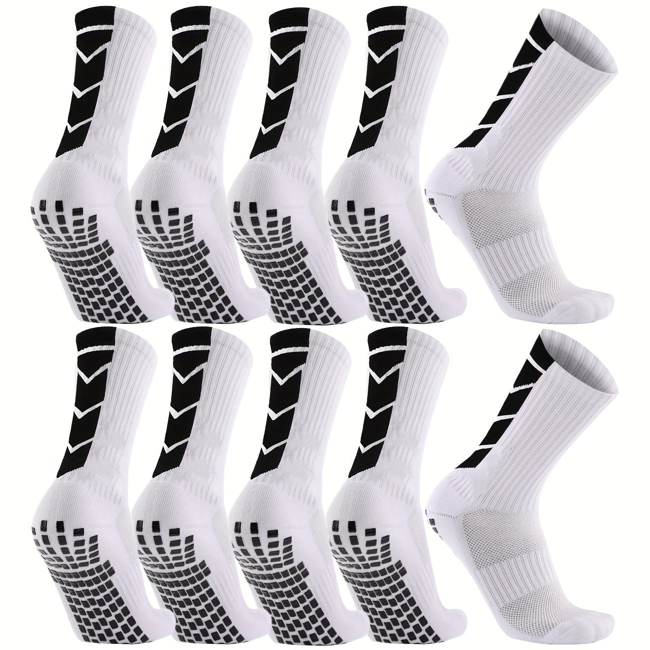 10 Pairs Unisex Athletic Sports Socks with Geometric Pattern, Non-Slip Grip, Knit Polyester Fabric - Machine Washable for Soccer, Basketball, Skateboarding, Rugby - 98% Polyester, 2%