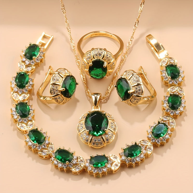 Opulent 5-Piece Women's Jewelry Set - Featuring Earrings, Necklace, Ring & Bracelet adorned with Shimmering Cubic Zirconia - Ideal for Weddings & Special Occasions