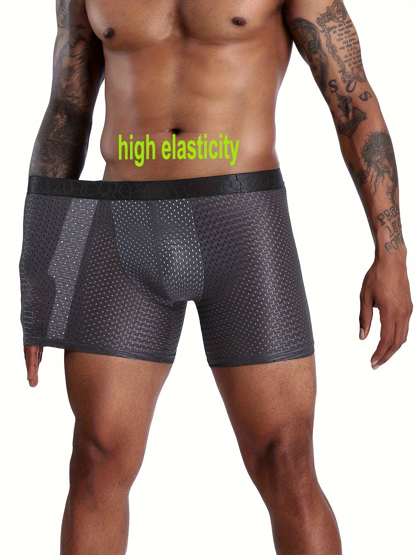 4 pairs of men's underwear with extended trouser legs, mesh holes, flat corners, and breathable fabric.