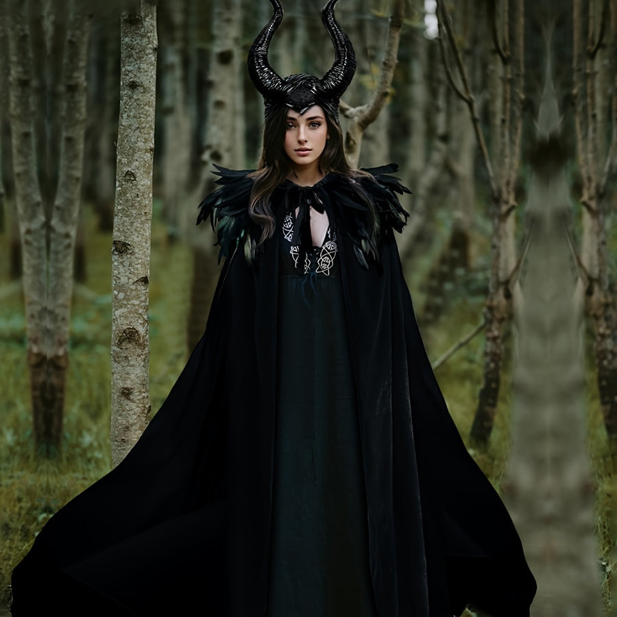 3-piece Halloween costume set includes a black velvet cape, faux feather shawl, and Maleficent horns headband for the perfect Gothic Witch outfit.