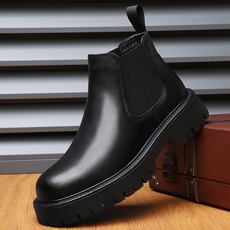 Men's Winter Boots - Fleece-Lined Slip-On Ankle Boots with Round Toe & Rubber Sole, Black Synthetic