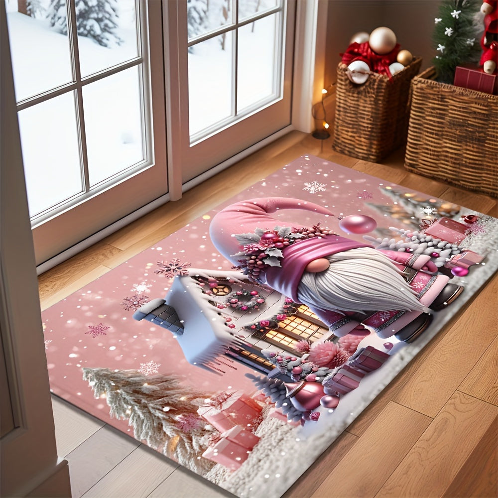 Welcome guests to your holiday home with the charming Pink Christmas Gnome Doormat! This 6mm thick mat is non-slip and machine washable, making it perfect for adding a festive touch to your decor. Ideal for holiday, gnome, and Christmas decorations.