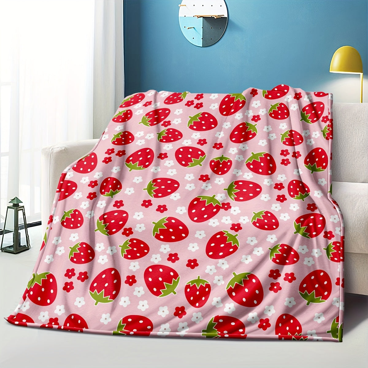 Soft and cozy pink strawberry print flannel throw blanket, perfect for all seasons. Made from 250-300g superfine fiber with digital print design. Ideal for bed or sofa, with no embellishments for a simple and elegant home decor touch.