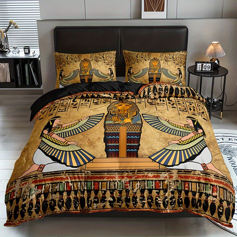 Ancient Egyptian Art Duvet Cover Set featuring 3 pieces – (1 Duvet Cover + 2 Pillowcases without Pillow Inserts). This high-quality bedding set boasts soft and breathable fabric with HD printing, perfect for bringing a touch of history and style to your