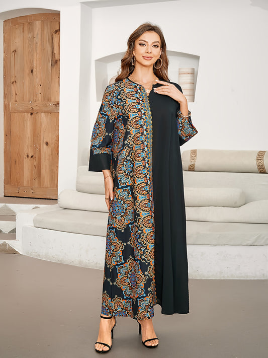 Black & blue floral print maxi kaftan dress with elegant paisley design. Made of polyester, machine washable. Perfect for spring/summer/fall. Arabian style robe in polyester fabric.