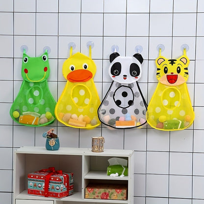 Adorable frog and duck hanging storage bag with suction cups. Made of lightweight PVC and polyester mesh. Mounts on wall for bathroom accessories, toys, and more. Green and yellow. Perfect bathroom organizer.