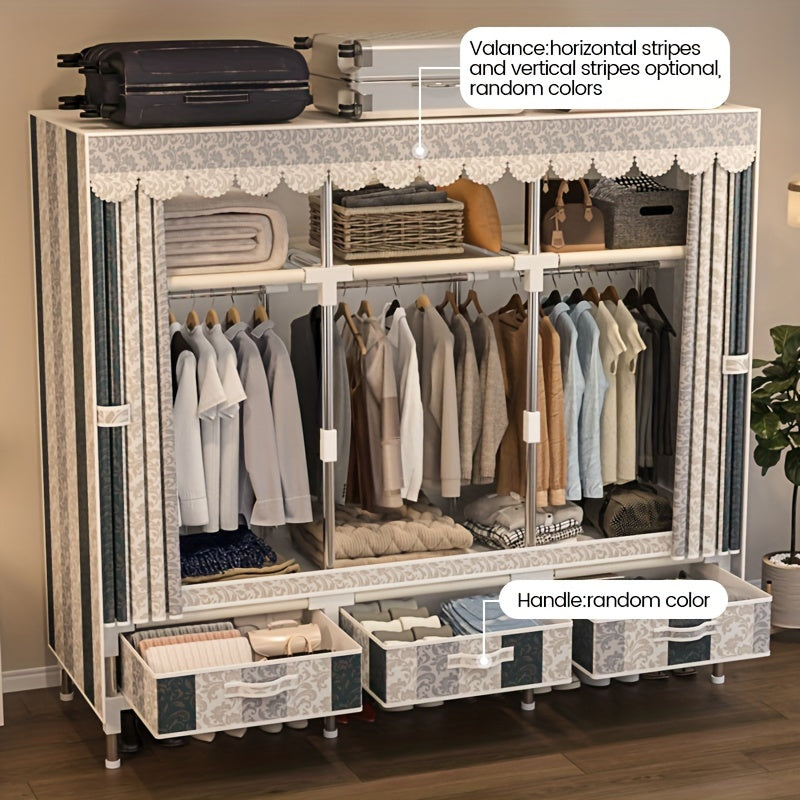 This modern minimalist Christmas style wardrobe features a simple all-steel frame with steel pipe reinforcement, making it sturdy and durable. It includes 6 storage shelves, 3 hanging hangers, and 3 drawers for organizing clothes. The design features a