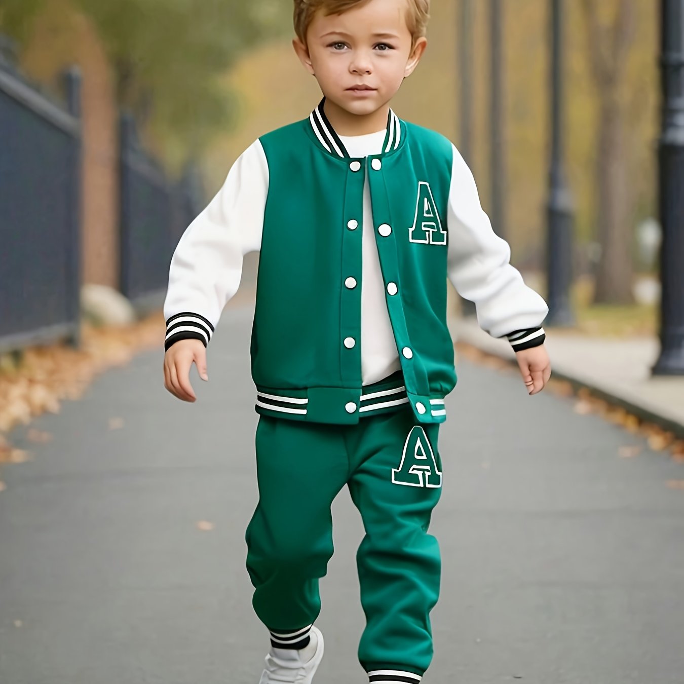 Boys' Matching fall/winter baseball suit in polyester knit, Alphabet print, Regular fit with button detail, for outdoor wear.