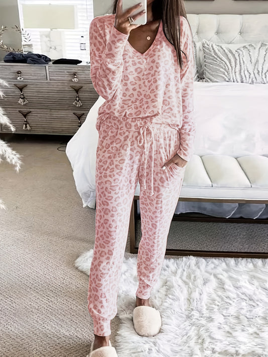 Leopard print lounge set with V-neck top and lace-up pants for women's loungewear and sleepwear.