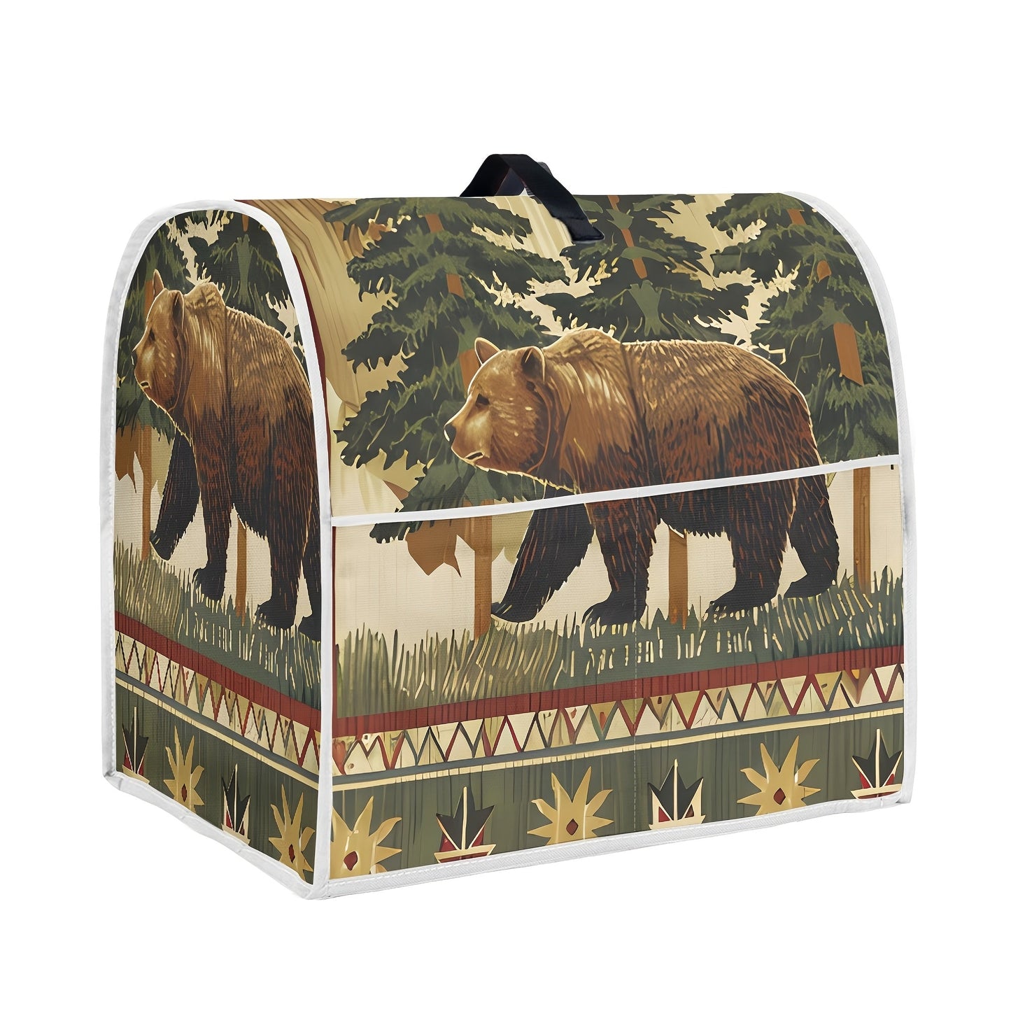 Protect your 6-8 quart stand mixer with this rustic jungle bear print dust cover. This protective cover features an accessory pocket and top handle for convenient storage and transport. Ideal for use in the kitchen or dining room.