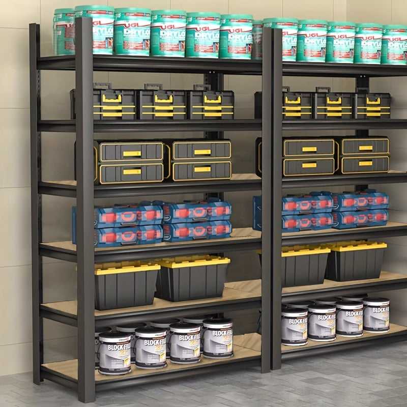 Adjustable heavy-duty storage shelf for various spaces: garage, warehouse, basement, pantry, car or food storage.