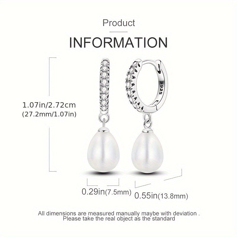 Beautiful 925 Sterling Silver Drop & Dangle Earrings featuring a Natural Pearl and Sparkling Zirconia - Lovely Holiday Style Jewelry for Women, Ideal for Wedding, Engagement, Birthday Gifts, and Party Accessories - Unplated with Silver Ear Needle