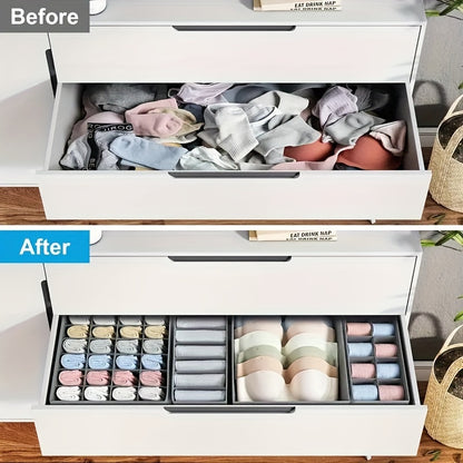 Set of 4 foldable storage boxes for organizing socks, bras, underwear, ties, belts, and scarves in closet drawers.