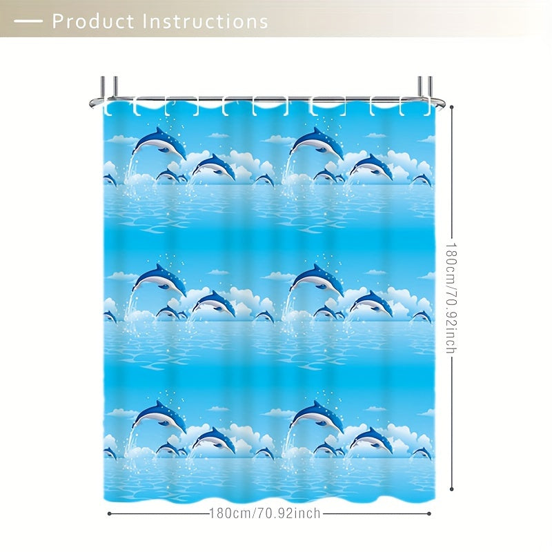 Playful dolphin shower curtain made of waterproof PVEA fabric in blue with white clouds design. Comes with hooks, measures 180.14cmW x 180.14cm L. Ideal for all seasons bathroom decor. Great for bathrooms.