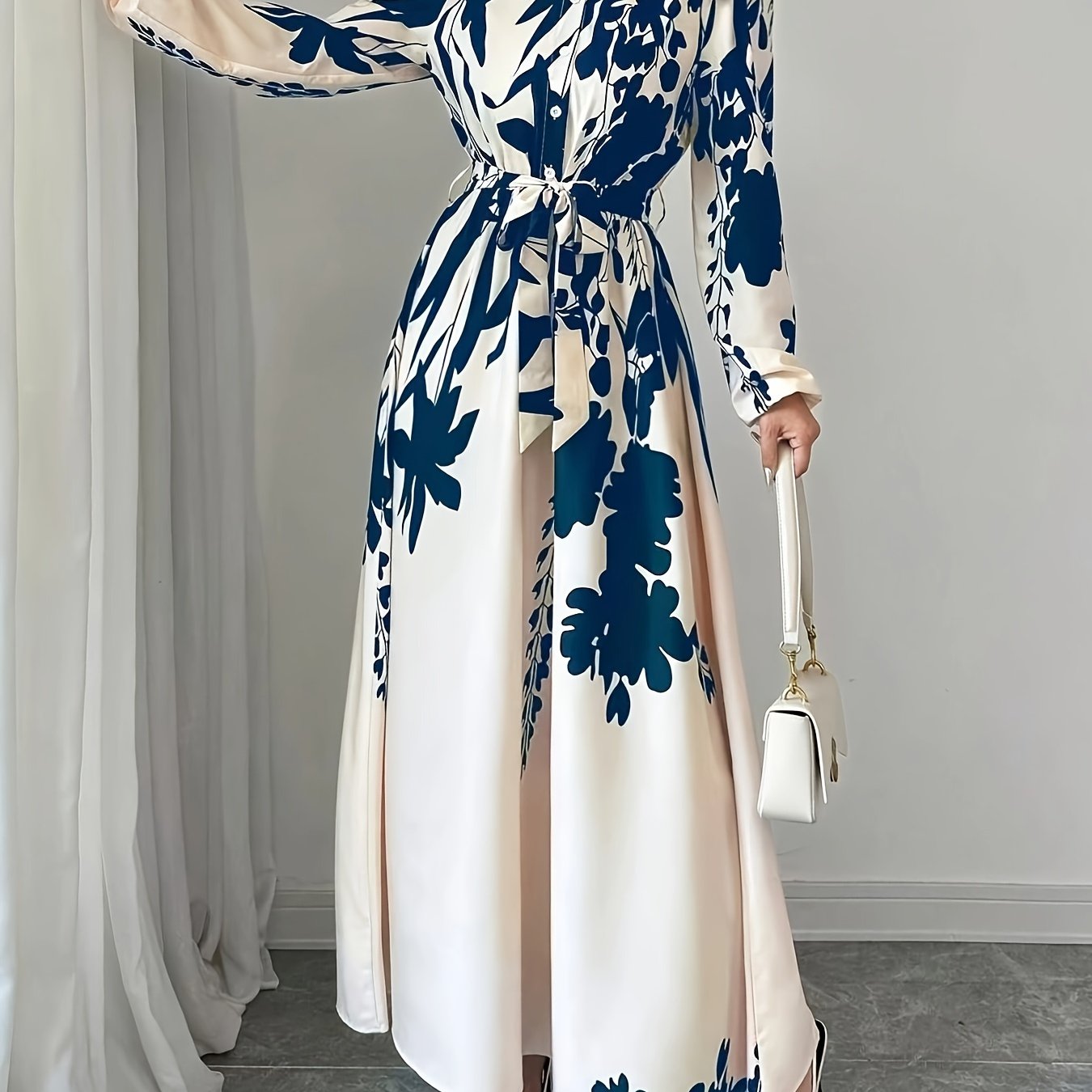 1pc Elegant floral print long sleeve A-line dress for women with lace-up detail, stand collar, versatile for spring/summer/fall. Made of woven polyester.