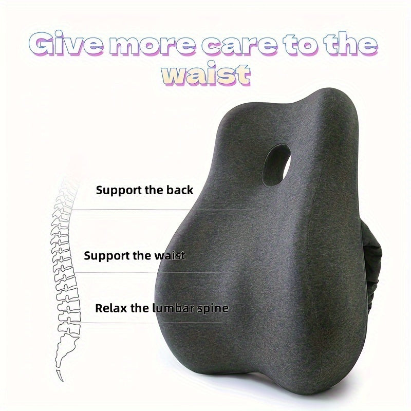 Memory foam lumbar support cushion with ergonomic design for comfort, ideal for pregnancy and sedentary work. Gray with removable cover, perfect for work chair.