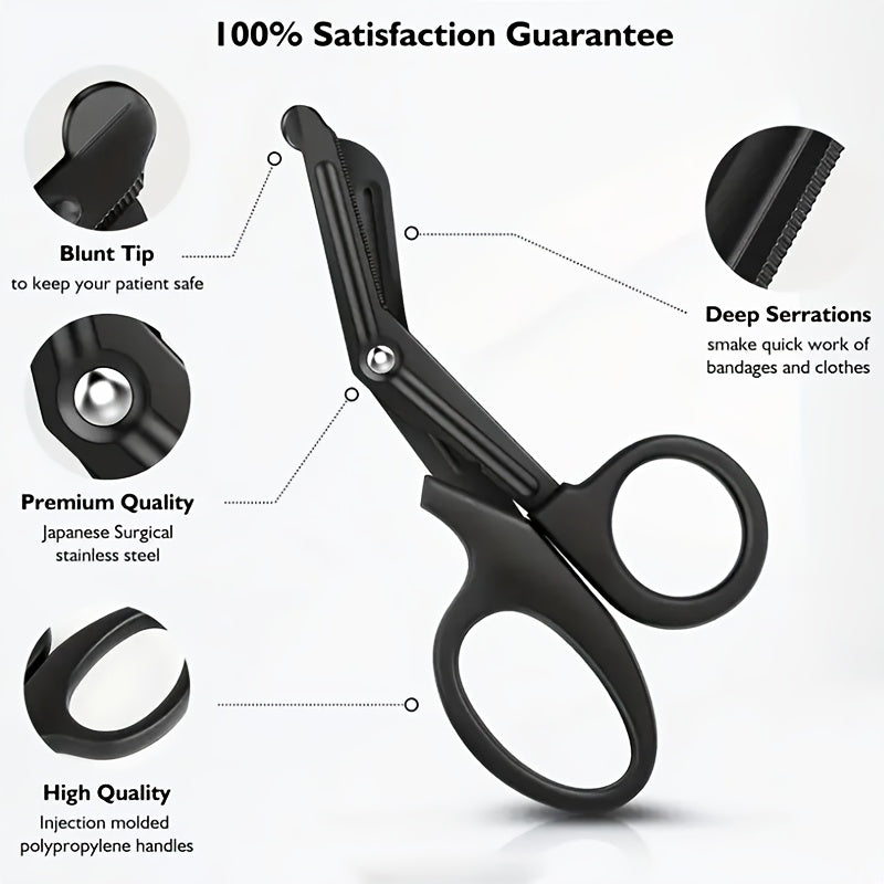 Stainless steel safety scissors with black coating, sharp for various outdoor uses, hand-friendly.