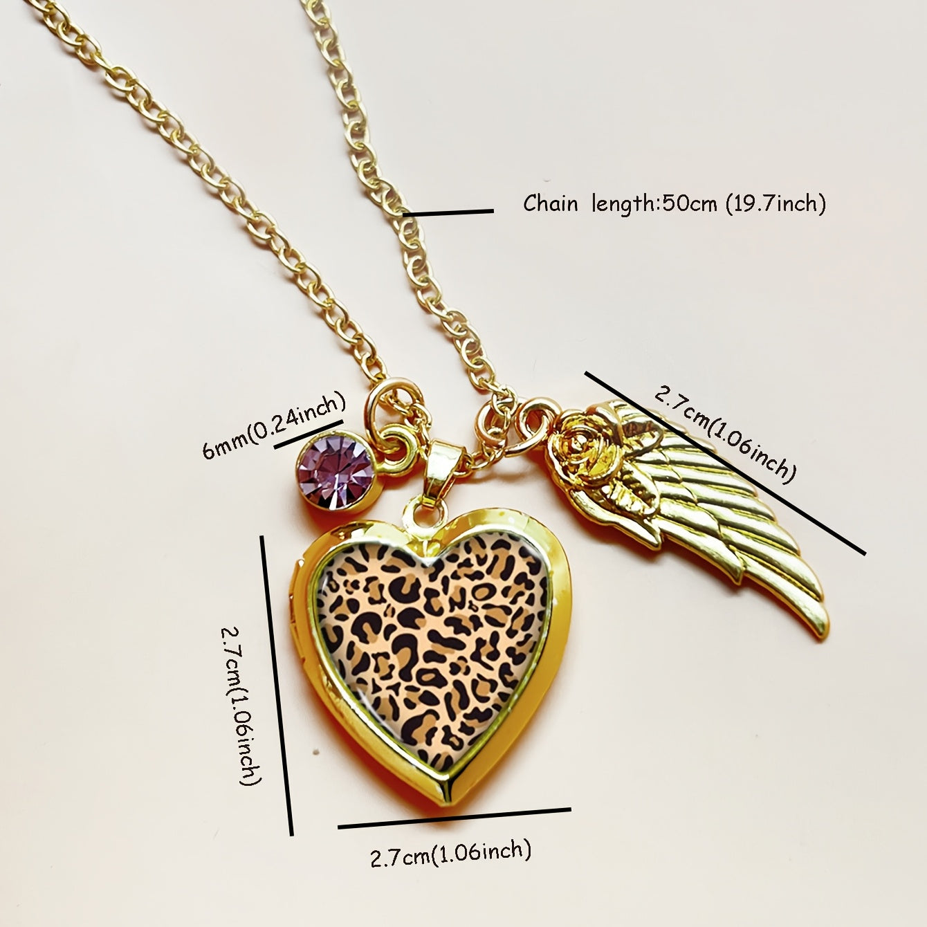 Stylish Heart-Shaped Photo Locket Necklace with Leopard Print Design, December Birthstone, Rhinestone Detail, Copper Material - Comes in a Red Gift Box, Ideal for Valentine's Day or Anniversary Celebrations, Golden Color, Wing Accent