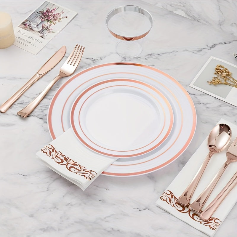 25-50 pieces of golden plastic party plates, measuring 19.05-26.04 cm each. These disposable plates are made of premium heavy-duty plastic, perfect for serving dinner and appetizers at parties and weddings.