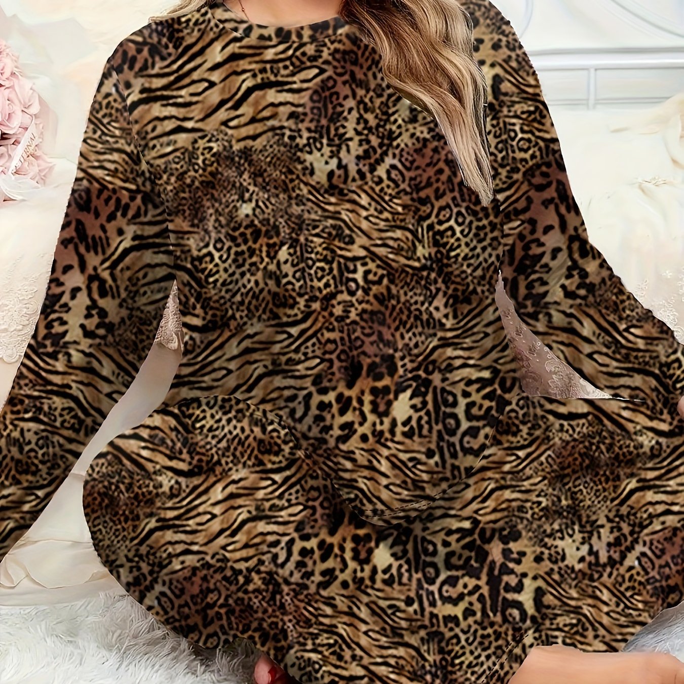 Ayollar uchun Leopard Print Pajama Set: 100% Polyester Trikotaj, Kattalar uslubi, Uzoq yeng va shimlar, Bahor/Kuz dam olish kiyimlari