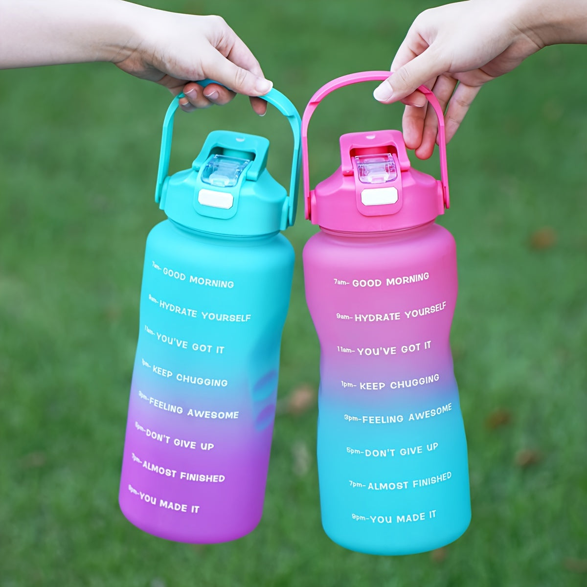 Large capacity sports water bottle with time marker, leak-proof, BPA & PVC free, ideal for running and fitness, includes detachable handle. Perfect for holidays like Christmas, Halloween, and Easter.