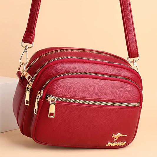 Multi-layer shoulder messenger bag with zipper closure, versatile solid color handbag for casual or work use. Available in red, black, green, or purple.