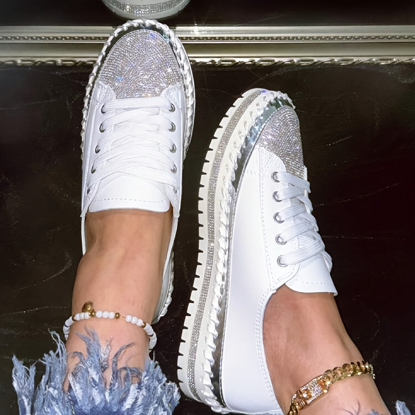 Sparkling Rhinestone Women's Sneakers, Stylish Platform Casual Shoes, Comfortable White Lace-up Flats in Plus Size.