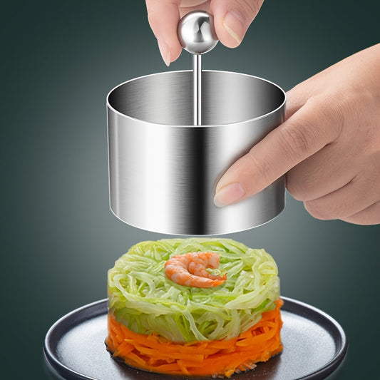 A single piece of cake mold ring with pusher made from stainless steel, suitable for creating mousse cakes, tarts, onigiri, and other baked goods. A versatile baking tool that is a must-have in your kitchen, offering convenience and efficiency. Get yours