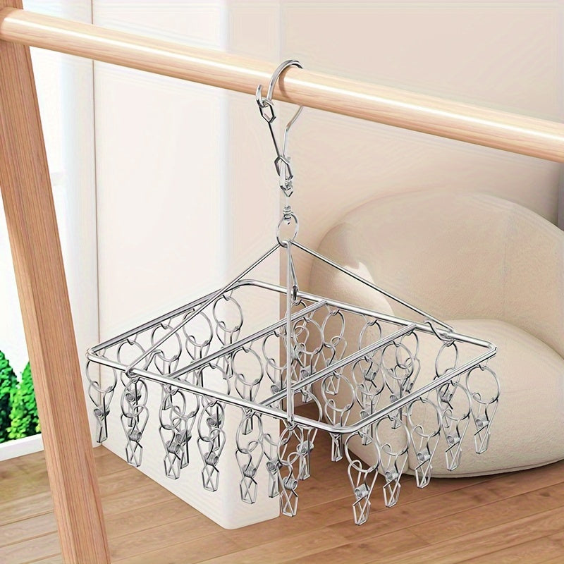 Essential Laundry Accessory: Stainless Steel Sock Drying Rack with Windproof Swivel Hook Hanger and 20/30/40 Clips for Socks, Bras, and Underwear