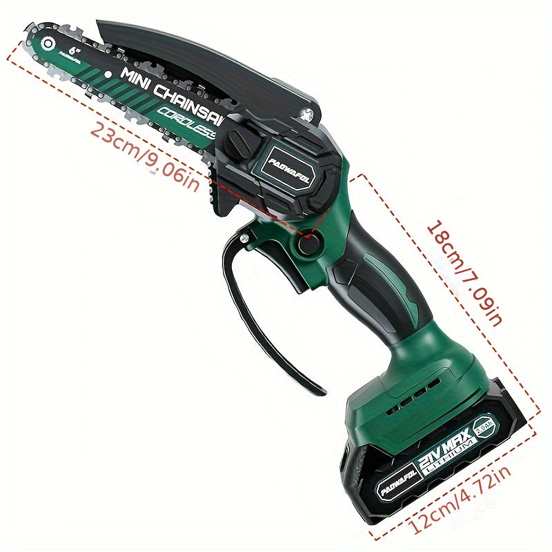 6-inch Cordless Electric Chainsaw with 2 rechargeable batteries, charger, and chainsaw batteries, ideal for cutting wood, trimming trees, and pruning garden branches.