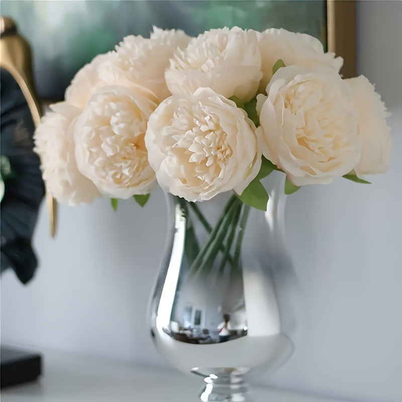 5 artificial white peonies with wire stems, 32cm in length, for various occasions like weddings, home decor, and holidays. Perfect for Valentine's Day, Mother's Day, and National Nurses Day.