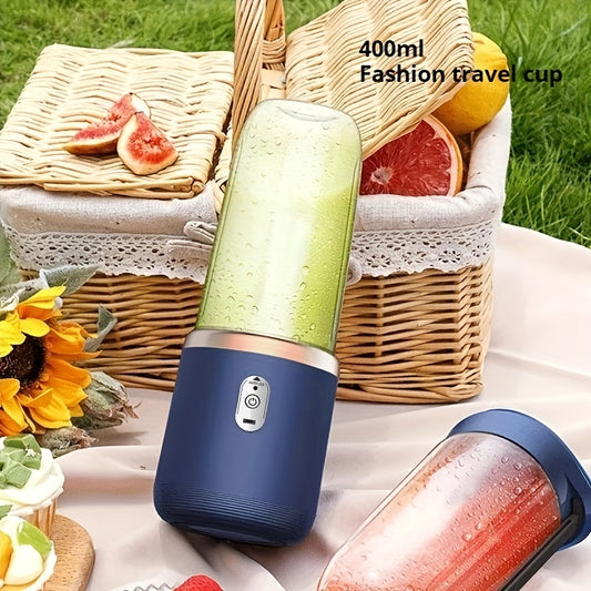 Portable cordless juicer with 2 cups, USB rechargeable, six-blade design for fast juicing, ideal for home, kitchen, and travel.