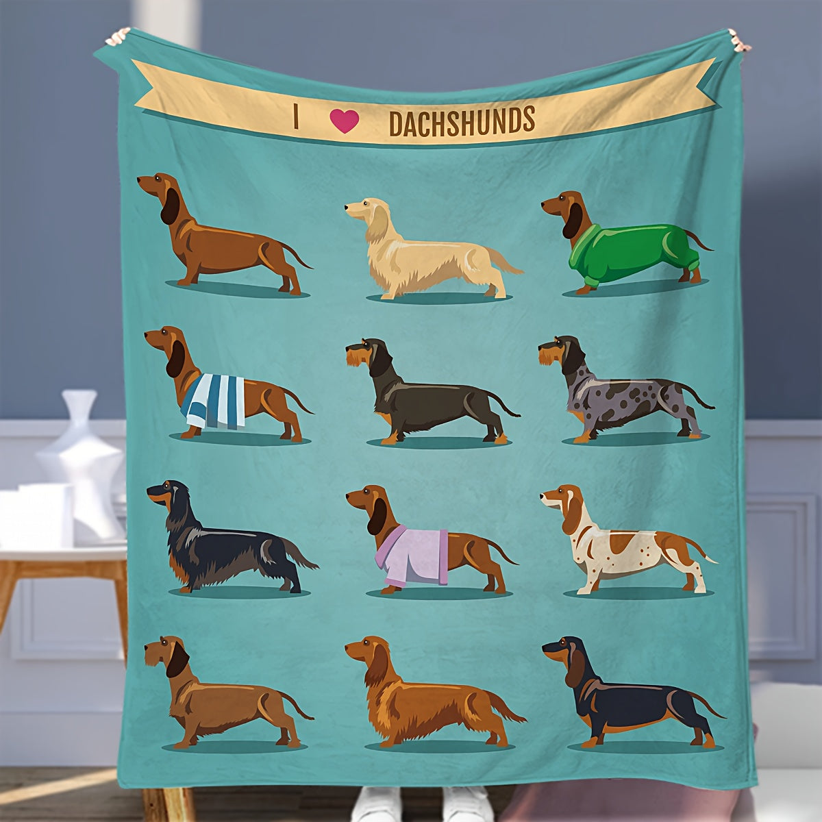 1 piece of Dachshund Blanket, featuring a soft blue and grey sausage fleece flannel, adorned with a cute Doxie design. This plush blanket is perfect for Dachshund lovers, suitable for adults and women.